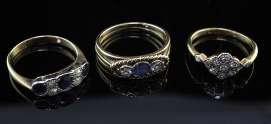 Three early to mid 20th century gold gem set rings, various sizes.